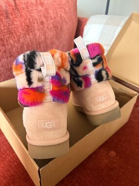 UGG Fluff Mini - UGG Light Pink Suede Boots with Multicolor Fur Cuffs